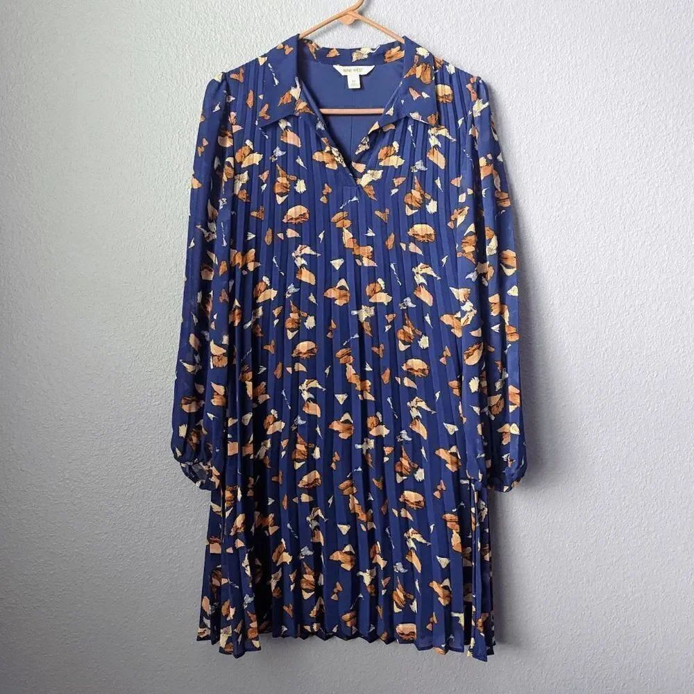 Women's Nine West Dress Midi Pleated with Collar Long Sleeve Royal Blue Pattern